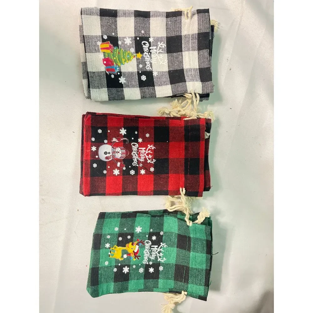 12 Festive Buffalo Plaid Christmas Gift‎ Bags Set Holiday Drawstring Pouches